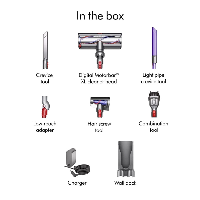 Dyson Outsize Extra cordless stick vacuum cleaner box contents and accessories