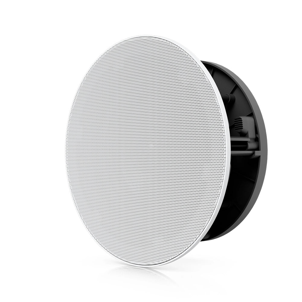 Angled view of the Ubiquiti UACC-In-Ceiling-Speaker showing the white grille and mounting clamp