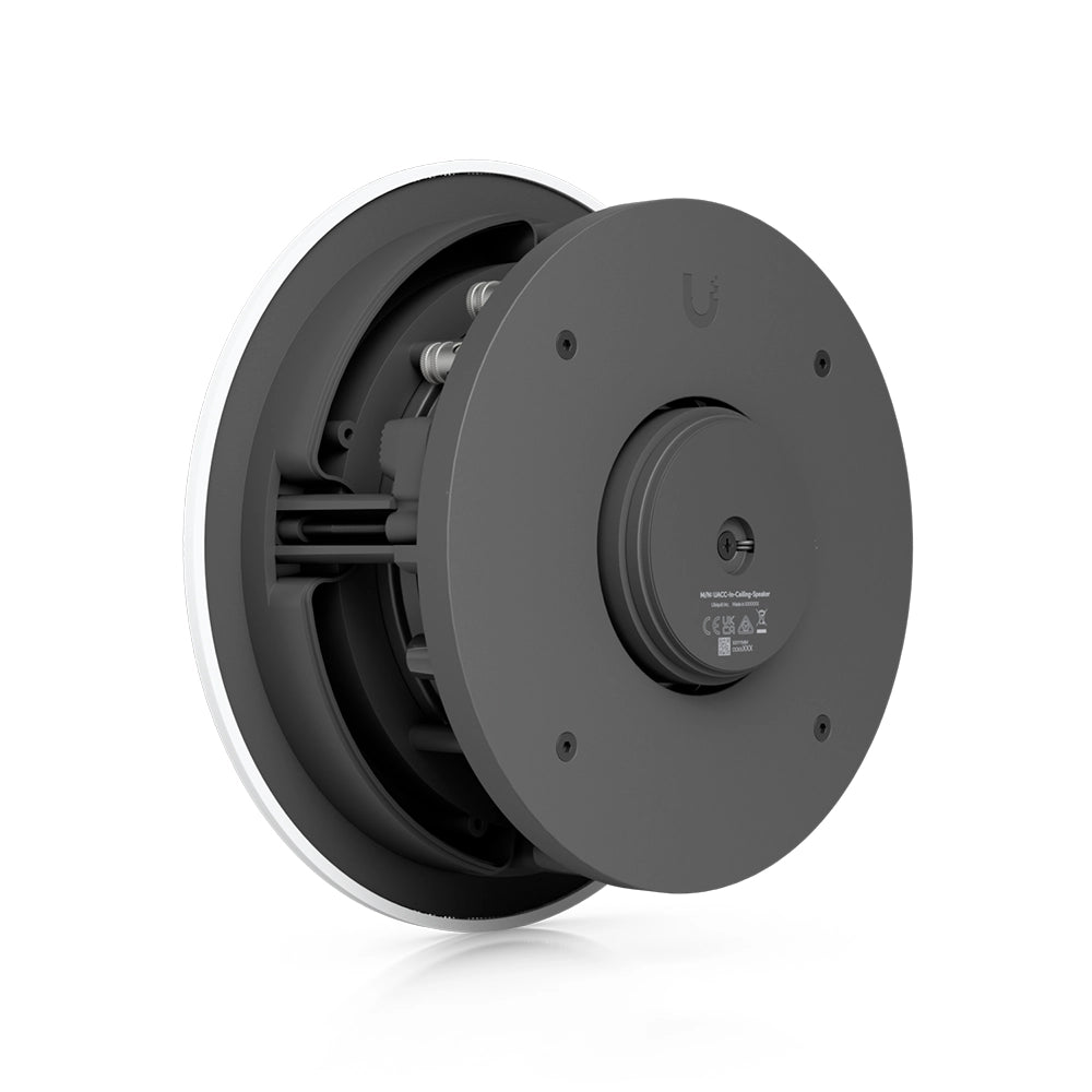 Rear view of the Ubiquiti UACC-In-Ceiling-Speaker showing the woofer assembly, speaker wire terminals and mounting hardware