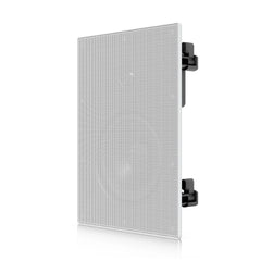 Angled view of the Ubiquiti UACC-In-Wall-Speaker showing the white grille and mounting clamps