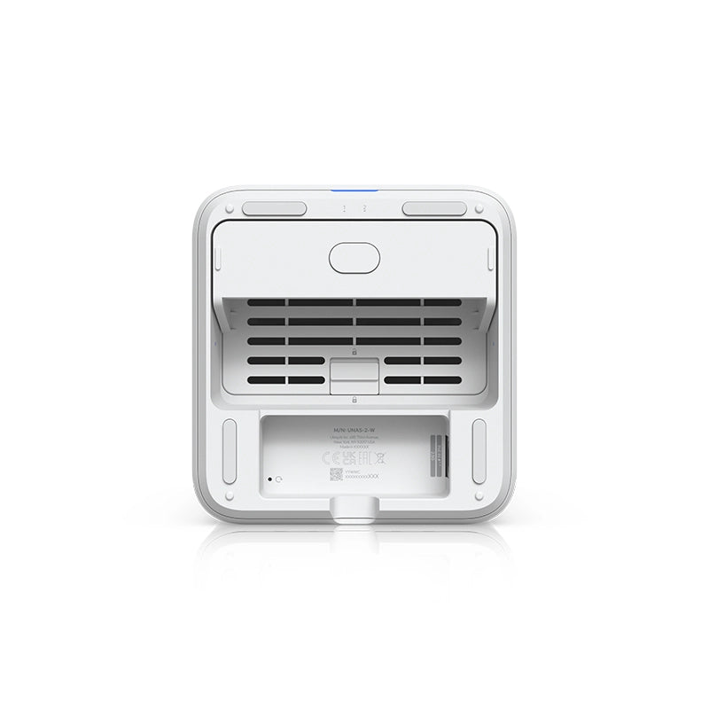 Ubiquiti UNAS 2-W Network Attached Storage bottom view showing drive bays and ports
