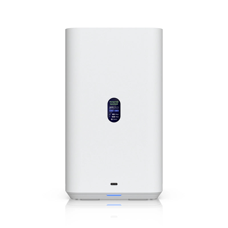 Ubiquiti UNAS 2-W Network Attached Storage front view with display screen