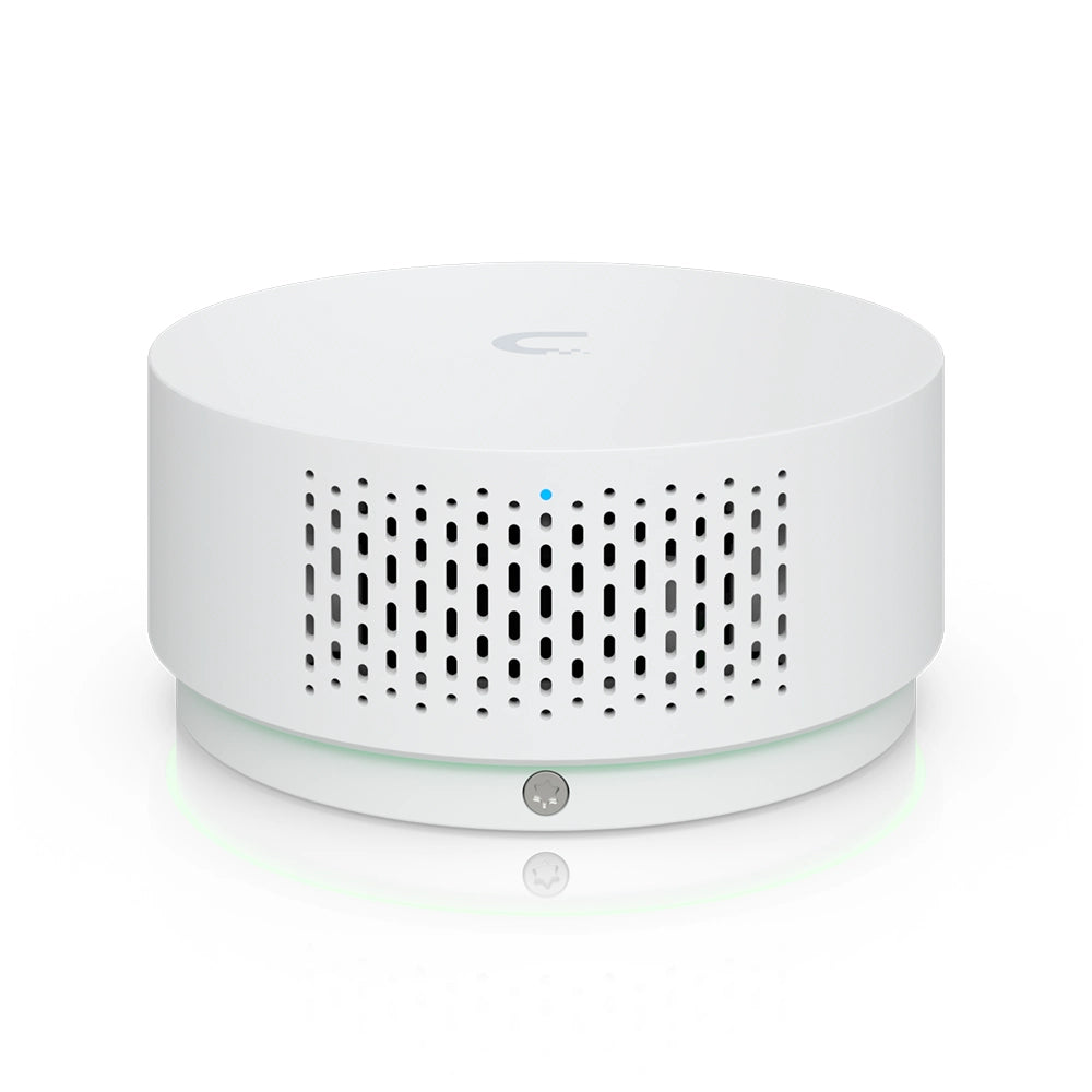 Ubiquiti UP-AirQuality sensor showing ventilation openings, blue status LED and green indicator ring