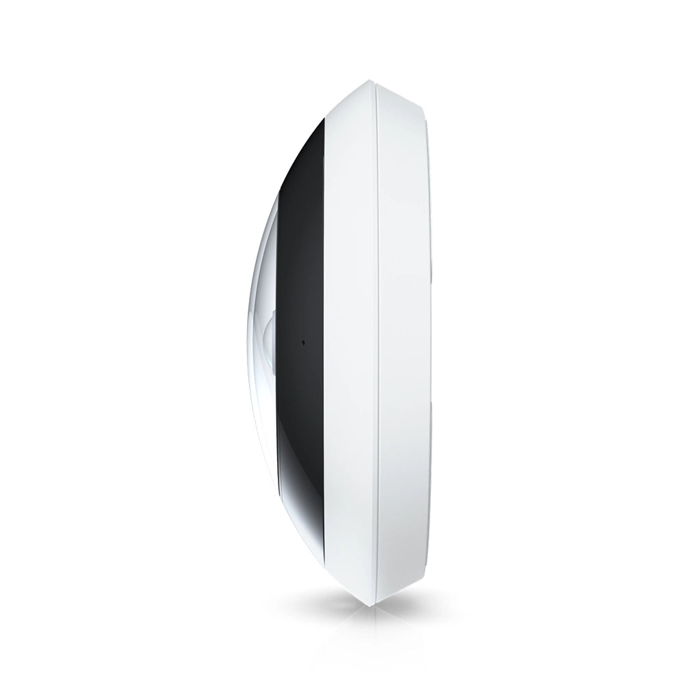 Side profile of the Ubiquiti AI 360 camera showing its slim white housing and curved dome