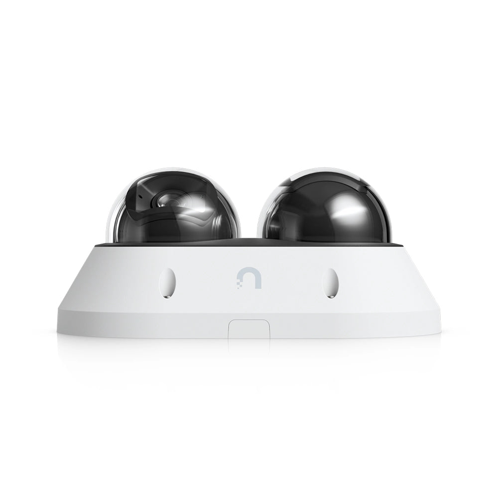 Side view of the white Ubiquiti AI Multi Sensor 2 camera showing its housing and dual domes