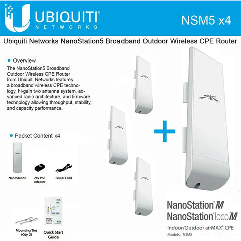 Ubiquiti NSM5 Lot de 4 NanoStation M5 5GHz Outdoor airMAX CPE 150+Mbps 15+km 